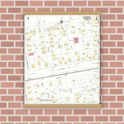 Old map wall art mockup — magnetic wood frame on brick wall — Sanborn Fire Insurance Map from Sturgis, Saint Joseph County, Michigan (1923), Sheet #0004