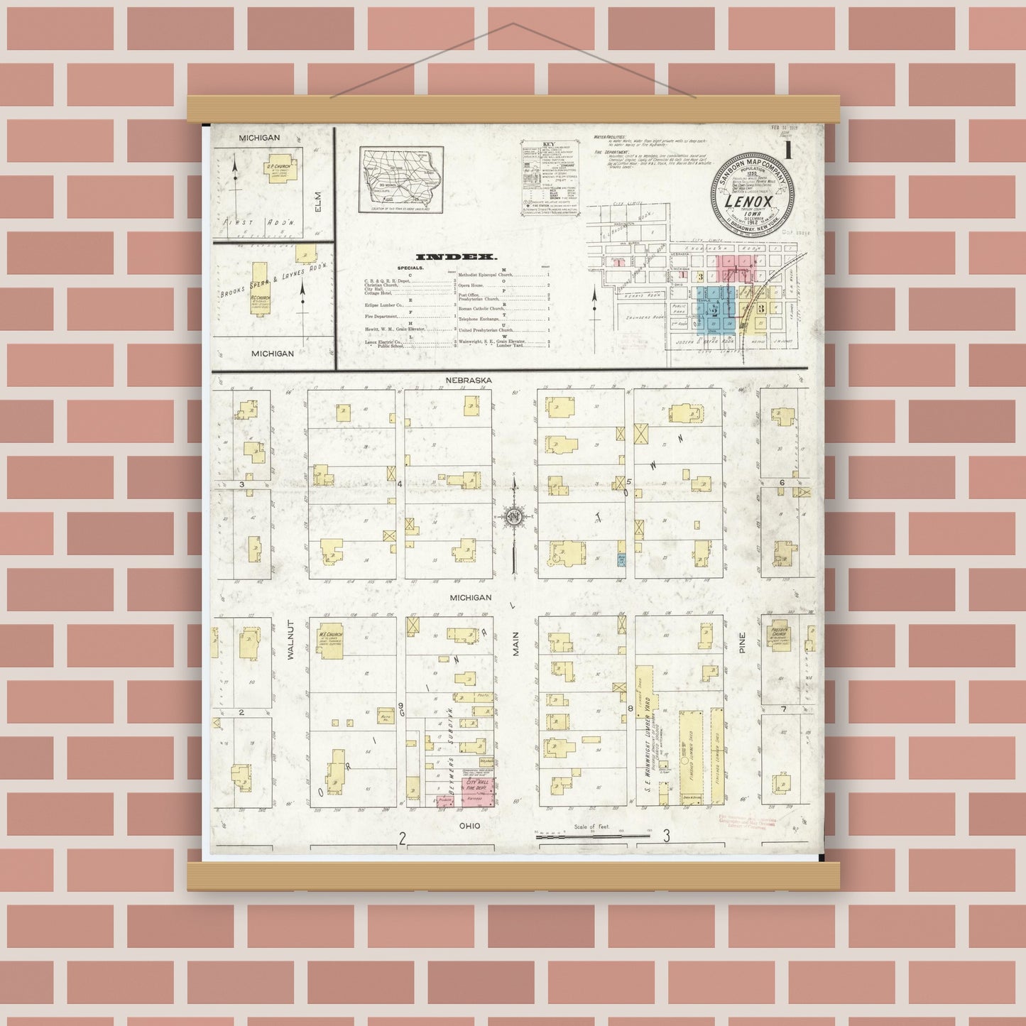 Old map wall art mockup — magnetic wood frame on brick wall — Sanborn Fire Insurance Map from Lenox, Taylor County, Iowa (1912), Sheet #0001