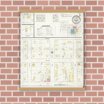 Old map wall art mockup — magnetic wood frame on brick wall — Sanborn Fire Insurance Map from Lenox, Taylor County, Iowa (1912), Sheet #0001