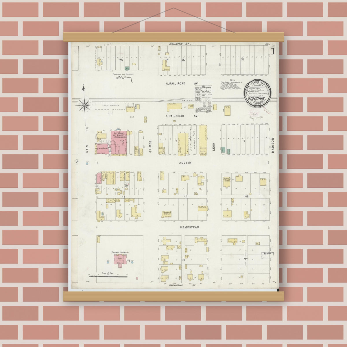 Old map wall art mockup — magnetic wood frame on brick wall — Sanborn Fire Insurance Map from Giddings, Lee County, Texas (1896) - Complete Map Set