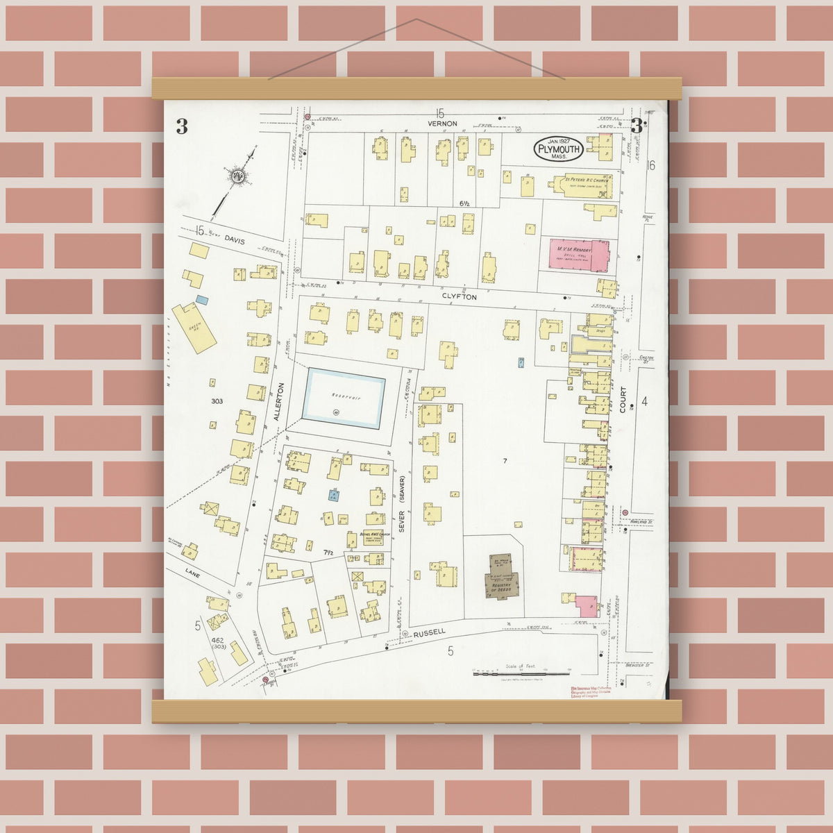 Old map wall art mockup — magnetic wood frame on brick wall — Sanborn Fire Insurance Map from Plymouth, Plymouth County, Massachusetts (1927), Sheet #0003