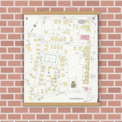 Old map wall art mockup — magnetic wood frame on brick wall — Sanborn Fire Insurance Map from Plymouth, Plymouth County, Massachusetts (1927), Sheet #0003