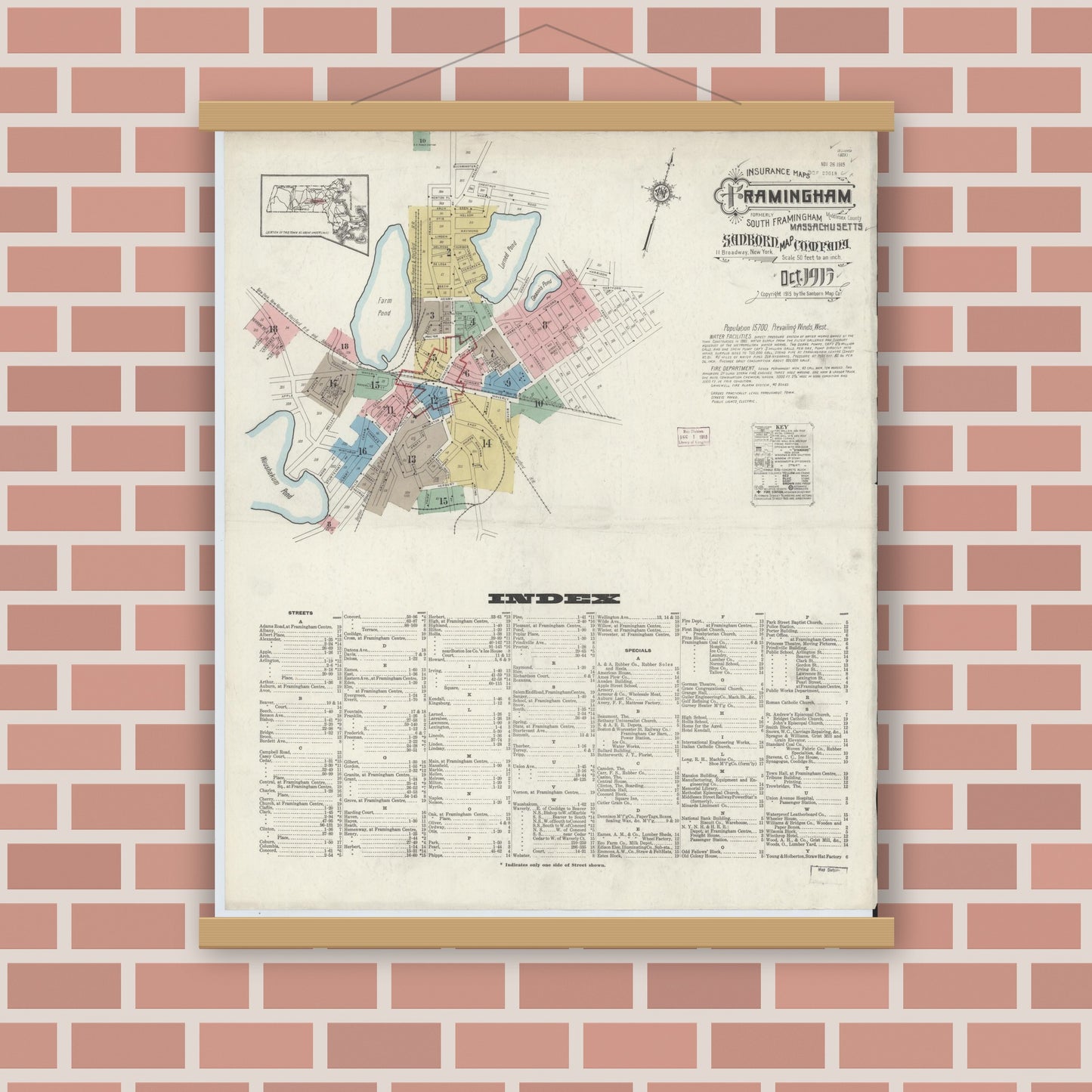 Old map wall art mockup — magnetic wood frame on brick wall — Sanborn Fire Insurance Map from Framingham, Middlesex County, Massachusetts (1915), Sheet #0001