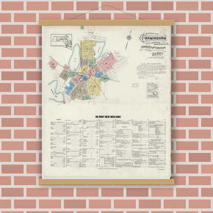 Old map wall art mockup — magnetic wood frame on brick wall — Sanborn Fire Insurance Map from Framingham, Middlesex County, Massachusetts (1915), Sheet #0001