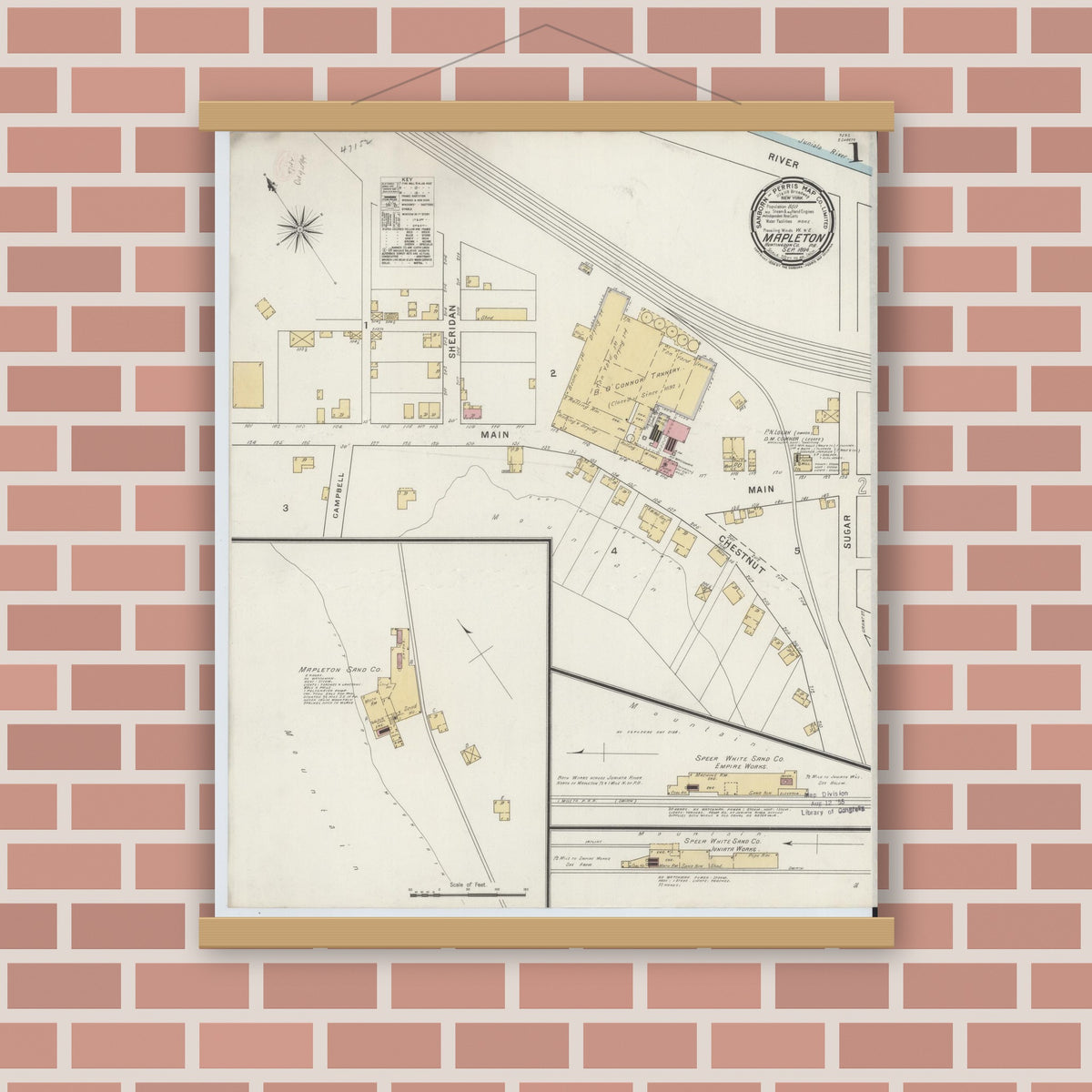 Old map wall art mockup — magnetic wood frame on brick wall — Sanborn Fire Insurance Map from Mapleton, Huntingdon County, Pennsylvania (1894) - Complete Map Set