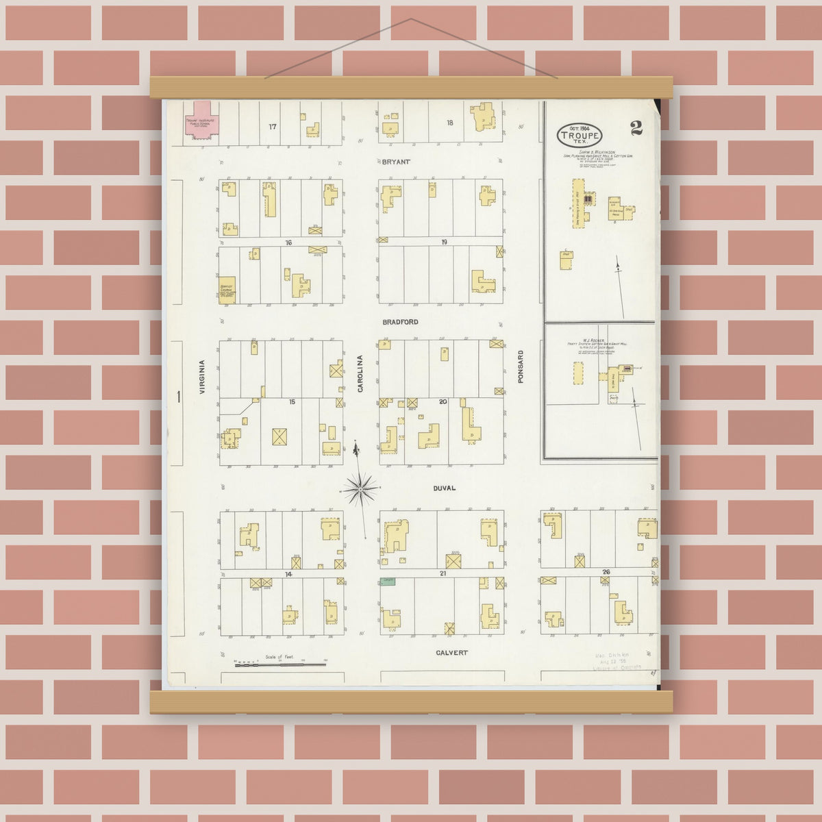 Old map wall art mockup — magnetic wood frame on brick wall — Sanborn Fire Insurance Map from Troup, Smith County, Texas (1904), Sheet #0002