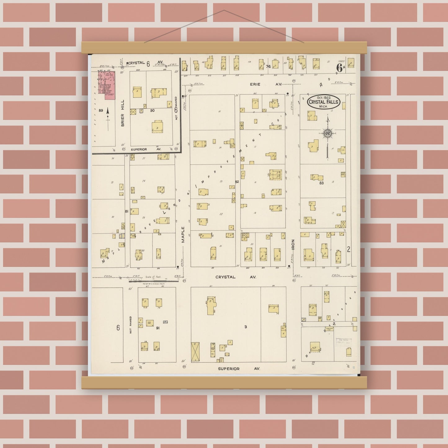 Old map wall art mockup — magnetic wood frame on brick wall — Sanborn Fire Insurance Map from Crystal Falls, Iron County, Michigan (1922), Sheet #0006