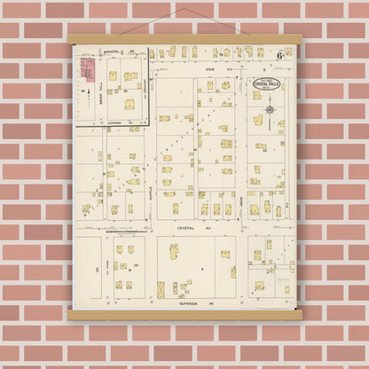 Old map wall art mockup — magnetic wood frame on brick wall — Sanborn Fire Insurance Map from Crystal Falls, Iron County, Michigan (1922), Sheet #0006