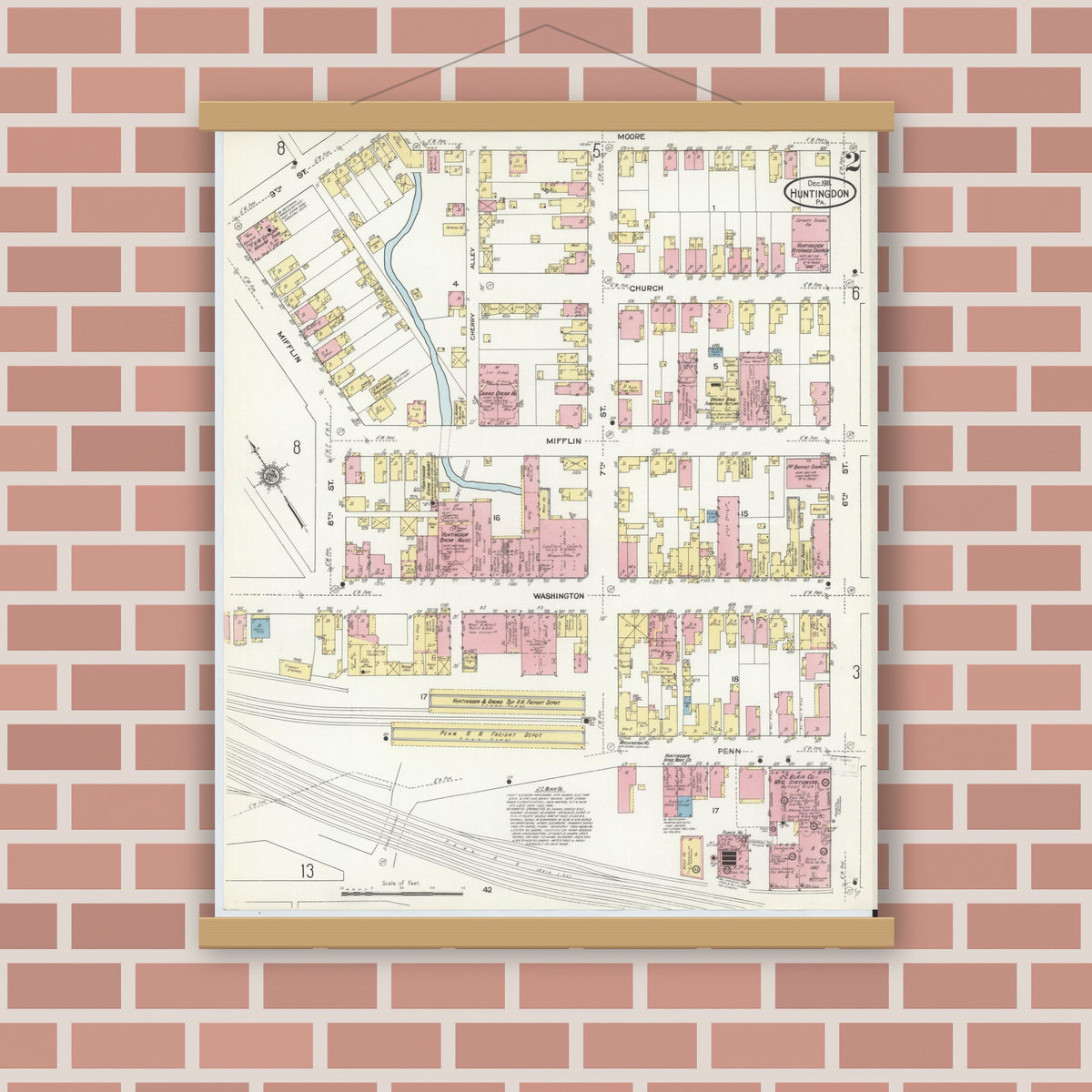 Old map wall art mockup — magnetic wood frame on brick wall — Sanborn Fire Insurance Map from Huntingdon, Huntingdon County, Pennsylvania (1911), Sheet #0002