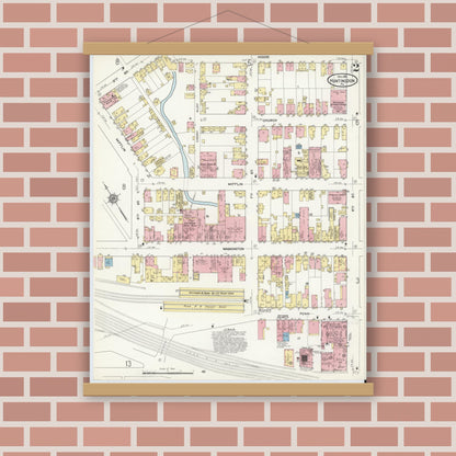 Old map wall art mockup — magnetic wood frame on brick wall — Sanborn Fire Insurance Map from Huntingdon, Huntingdon County, Pennsylvania (1911), Sheet #0002