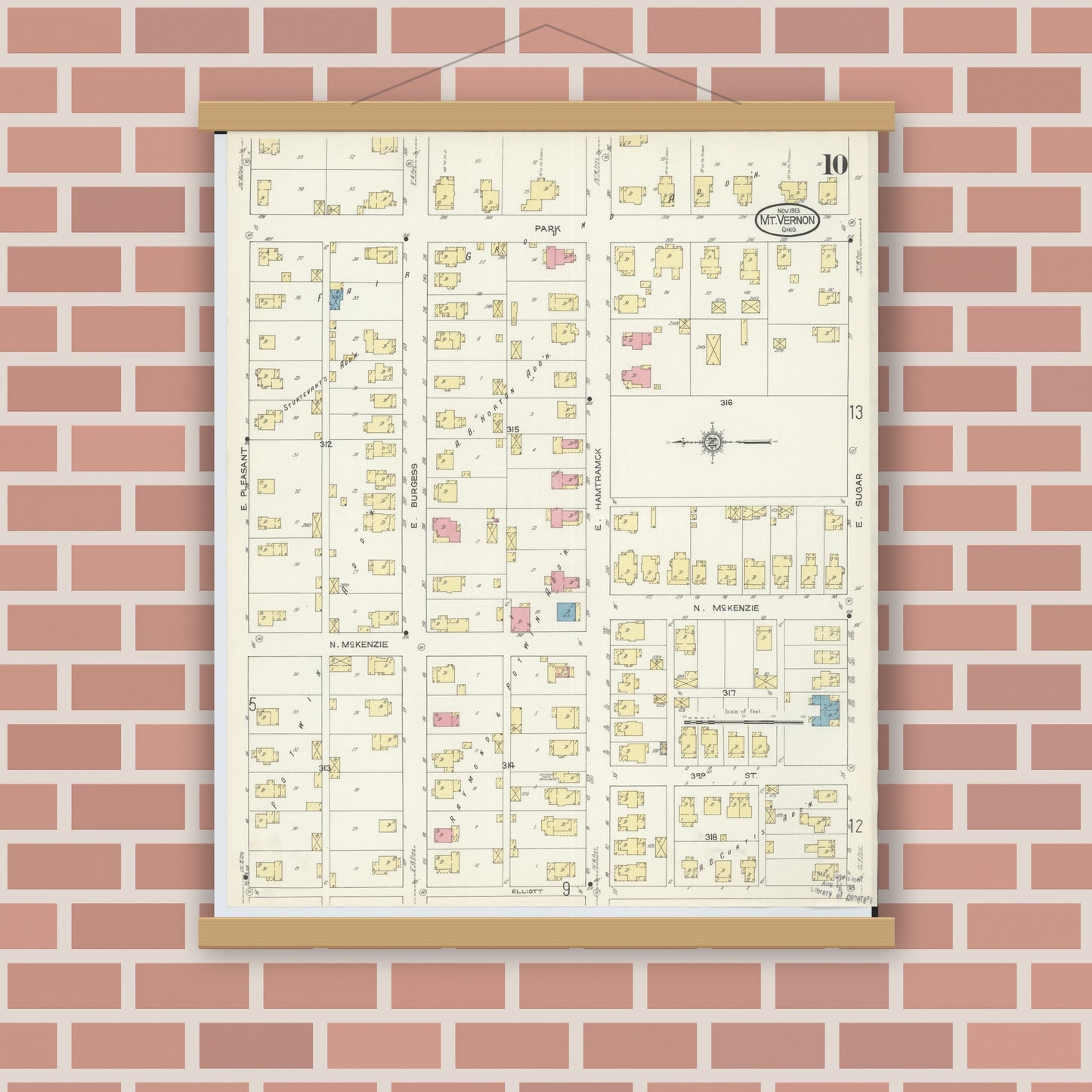 Old map wall art mockup — magnetic wood frame on brick wall — Sanborn Fire Insurance Map from Mount Vernon, Knox County, Ohio (1913), Sheet #0010
