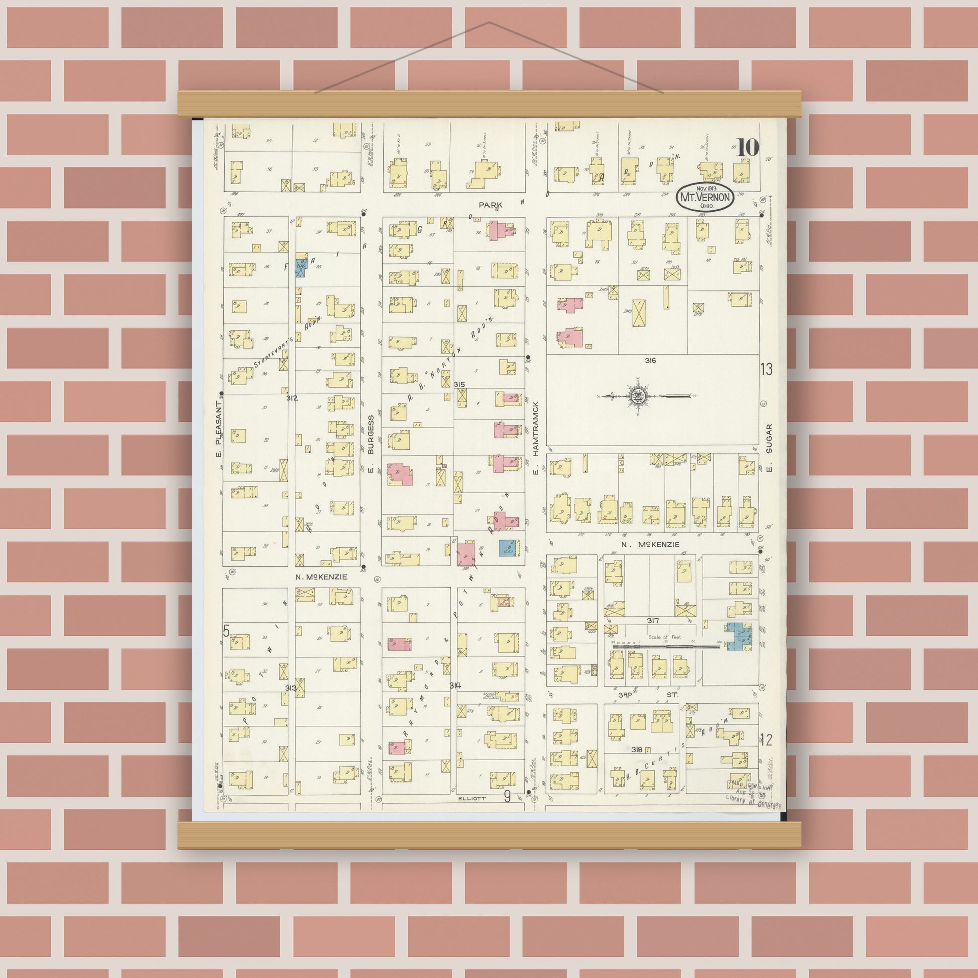 Old map wall art mockup — magnetic wood frame on brick wall — Sanborn Fire Insurance Map from Mount Vernon, Knox County, Ohio (1913), Sheet #0010