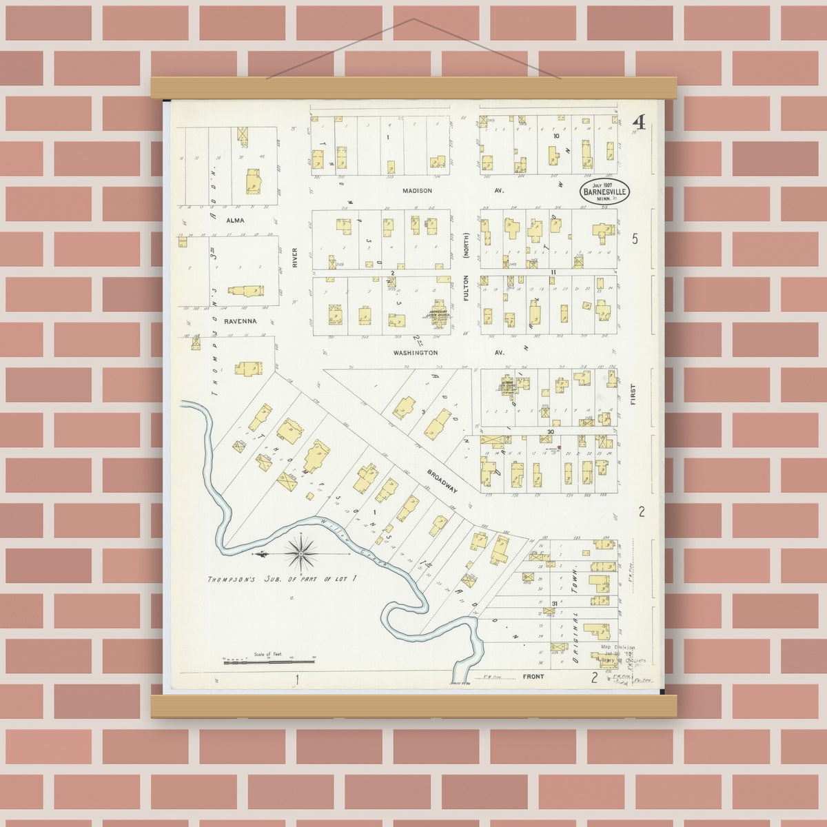 Old map wall art mockup — magnetic wood frame on brick wall — Sanborn Fire Insurance Map from Barnesville, Clay County, Minnesota (1907), Sheet #0004