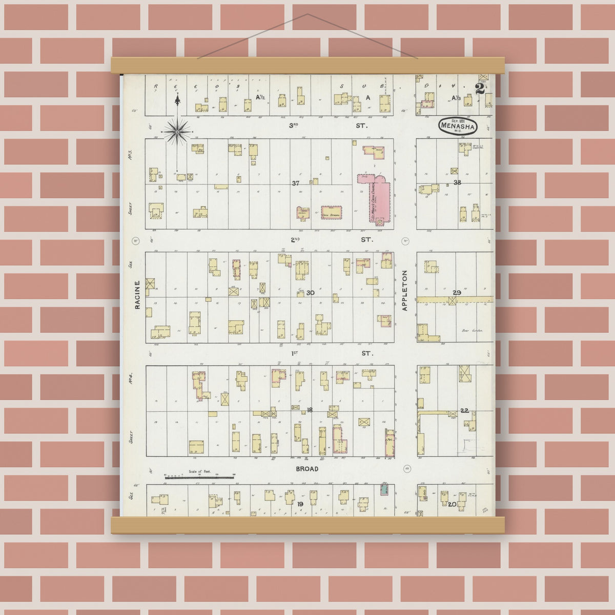 Old map wall art mockup — magnetic wood frame on brick wall — Sanborn Fire Insurance Map from Menasha, Winnebago County, Wisconsin (1891), Sheet #0002