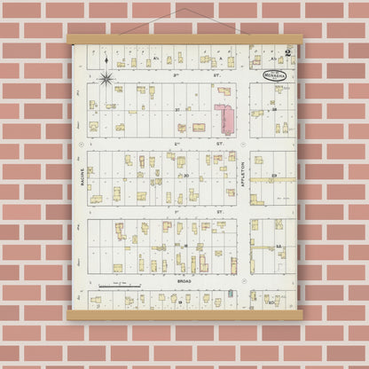Old map wall art mockup — magnetic wood frame on brick wall — Sanborn Fire Insurance Map from Menasha, Winnebago County, Wisconsin (1891), Sheet #0002