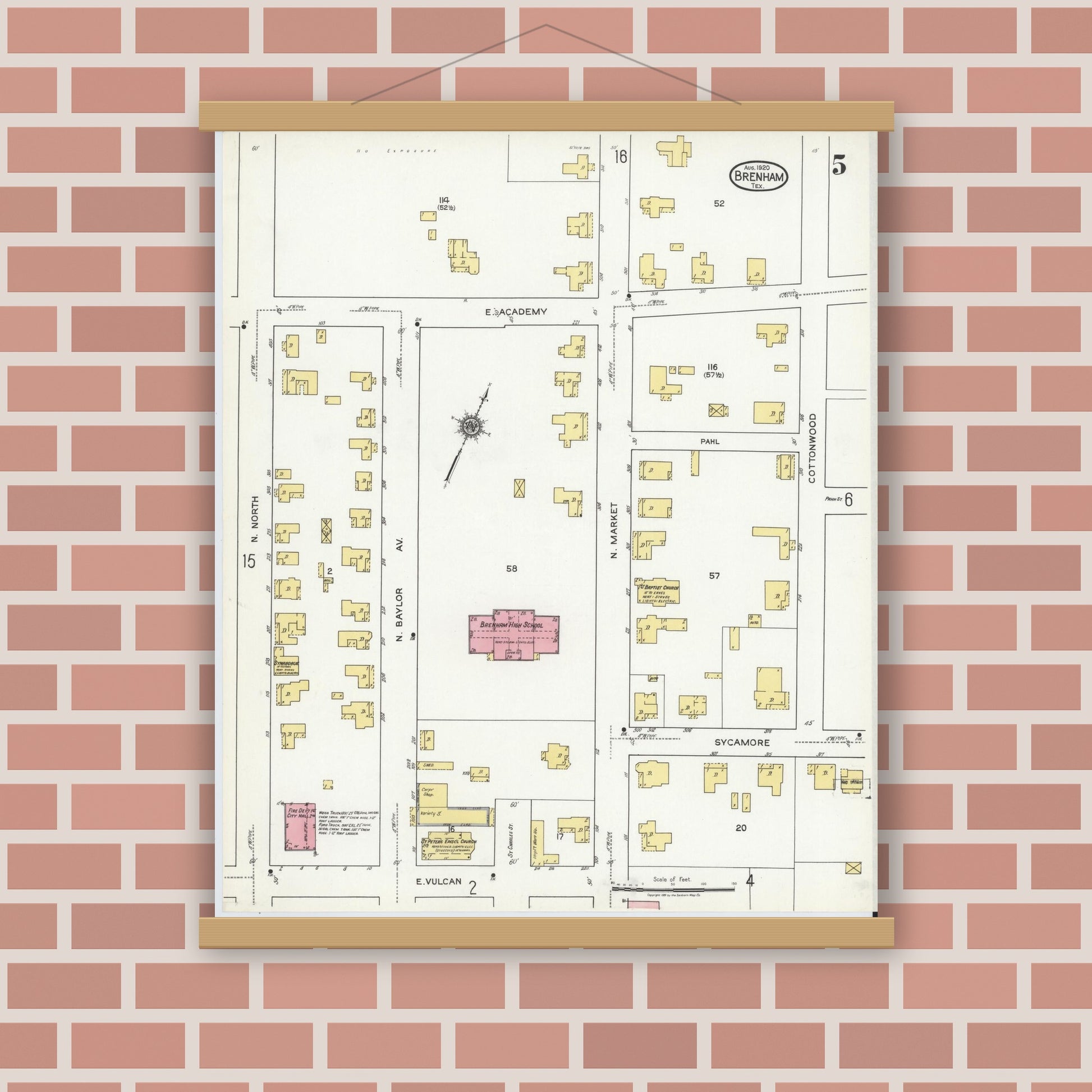 Old map wall art mockup — magnetic wood frame on brick wall — Sanborn Fire Insurance Map from Brenham, Washington County, Texas (1920), Sheet #0005