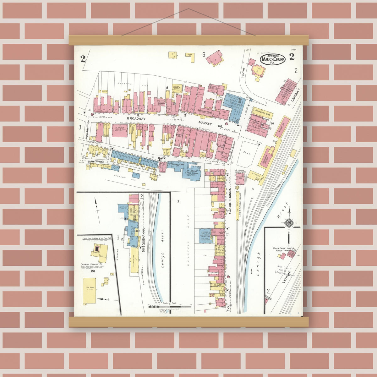 Old map wall art mockup — magnetic wood frame on brick wall — Sanborn Fire Insurance Map from Mauch Chunk, Carbon County, Pennsylvania (1923), Sheet #0002