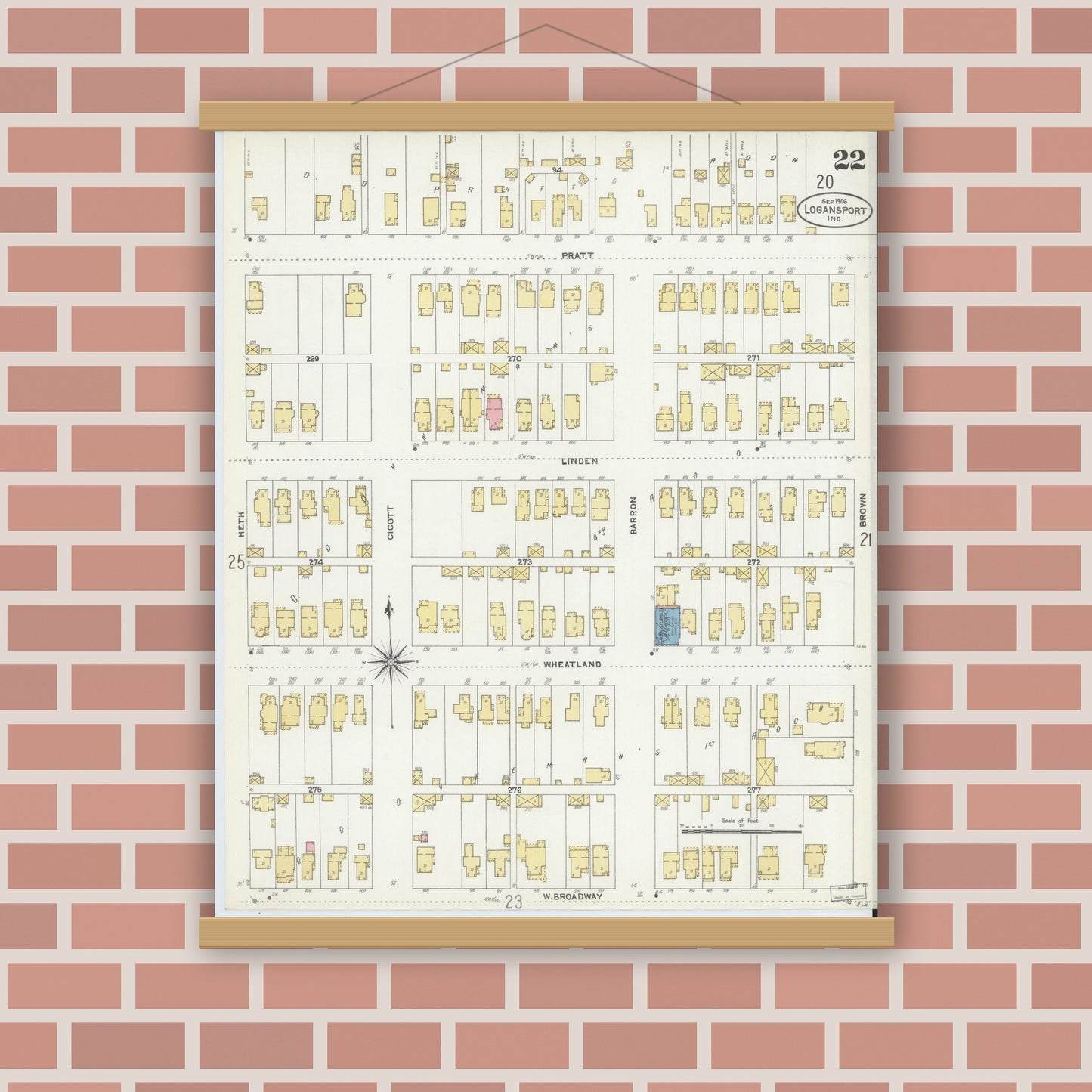 Old map wall art mockup — magnetic wood frame on brick wall — Sanborn Fire Insurance Map from Logansport, Cass County, Indiana (1906), Sheet #0022