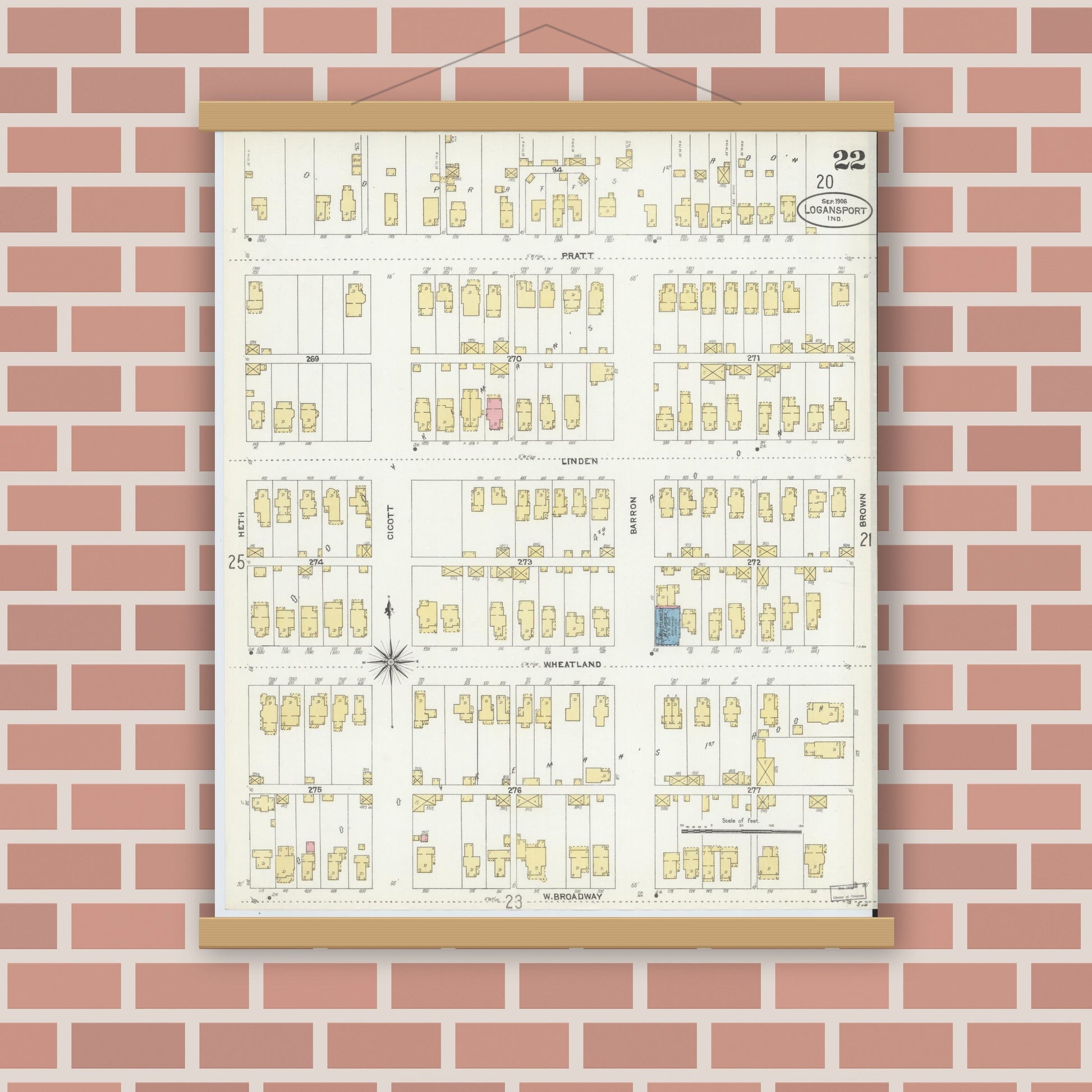 Old map wall art mockup — magnetic wood frame on brick wall — Sanborn Fire Insurance Map from Logansport, Cass County, Indiana (1906), Sheet #0022
