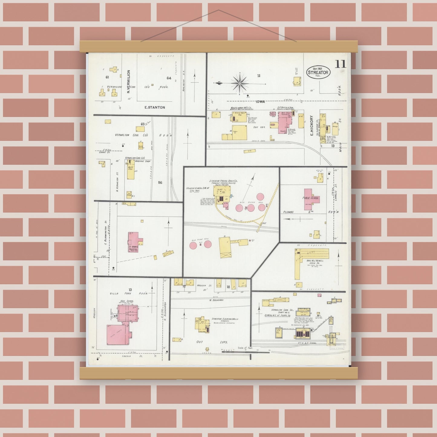 Old map wall art mockup — magnetic wood frame on brick wall — Sanborn Fire Insurance Map from Streator, La Salle County, Illinois (1901), Sheet #0011