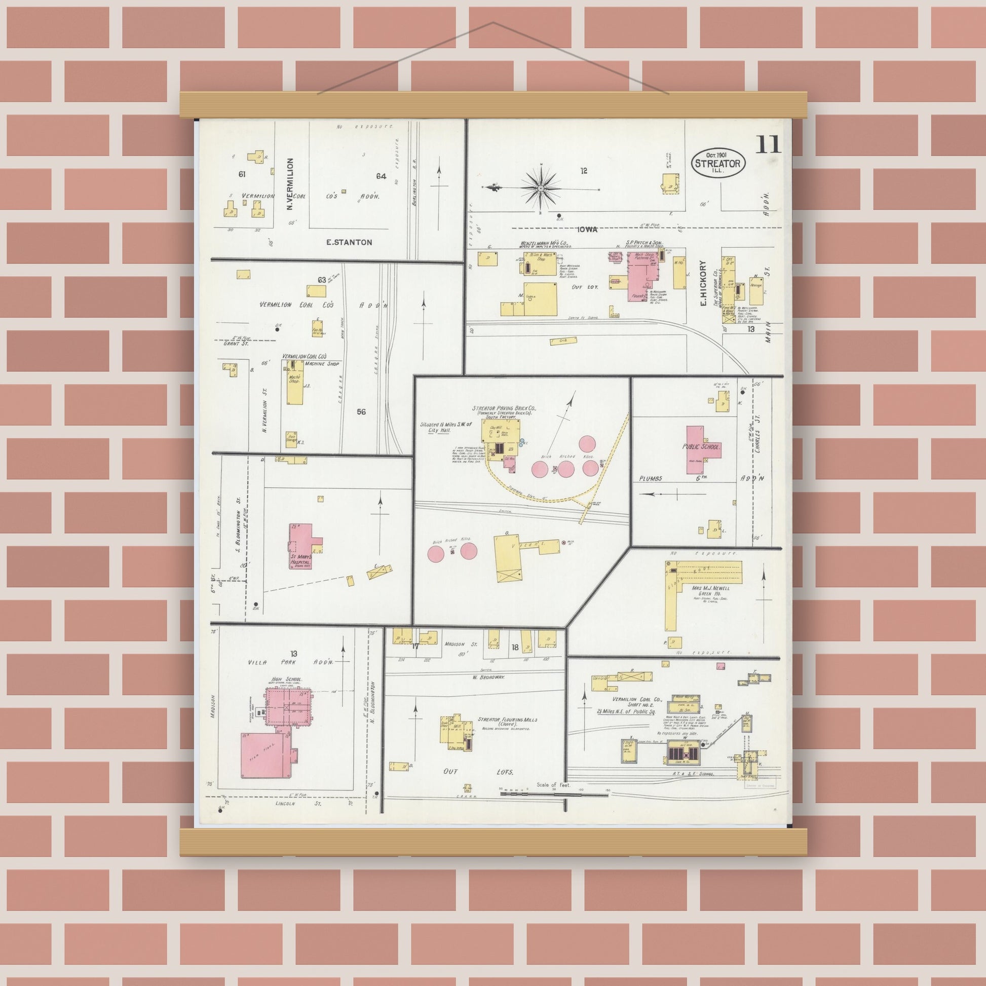 Old map wall art mockup — magnetic wood frame on brick wall — Sanborn Fire Insurance Map from Streator, La Salle County, Illinois (1901), Sheet #0011