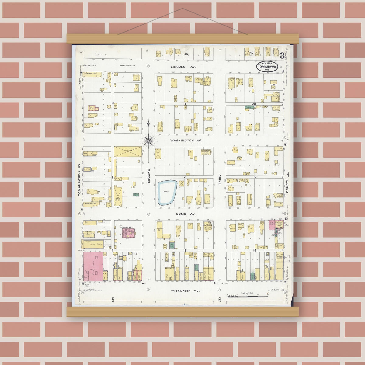 Old map wall art mockup — magnetic wood frame on brick wall — Sanborn Fire Insurance Map from Tomahawk, Lincoln County, Wisconsin (1908), Sheet #0003
