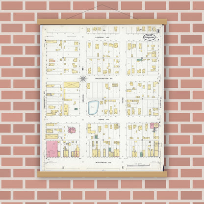 Old map wall art mockup — magnetic wood frame on brick wall — Sanborn Fire Insurance Map from Tomahawk, Lincoln County, Wisconsin (1908), Sheet #0003