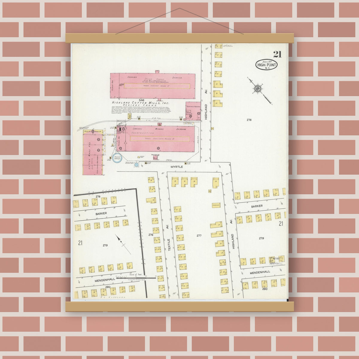 Old map wall art mockup — magnetic wood frame on brick wall — Sanborn Fire Insurance Map from High Point, Guilford County, North Carolina (1917), Sheet #0021