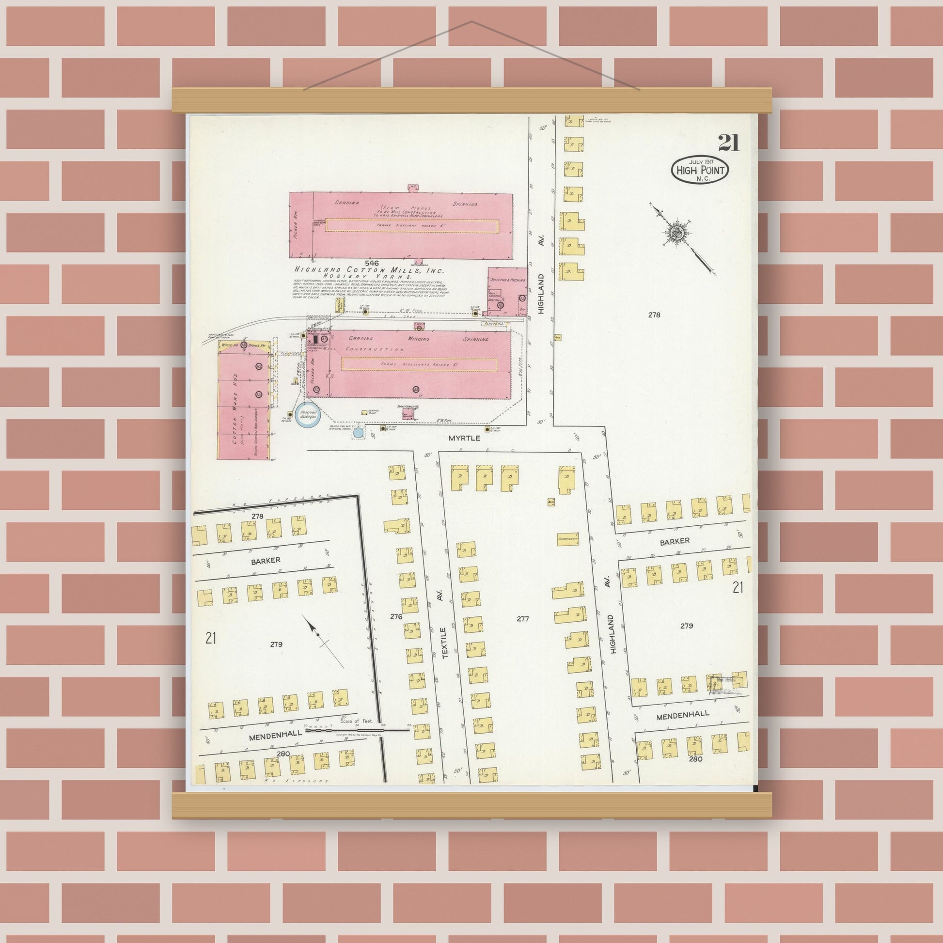 Old map wall art mockup — magnetic wood frame on brick wall — Sanborn Fire Insurance Map from High Point, Guilford County, North Carolina (1917), Sheet #0021