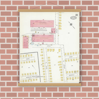 Old map wall art mockup — magnetic wood frame on brick wall — Sanborn Fire Insurance Map from High Point, Guilford County, North Carolina (1917), Sheet #0021