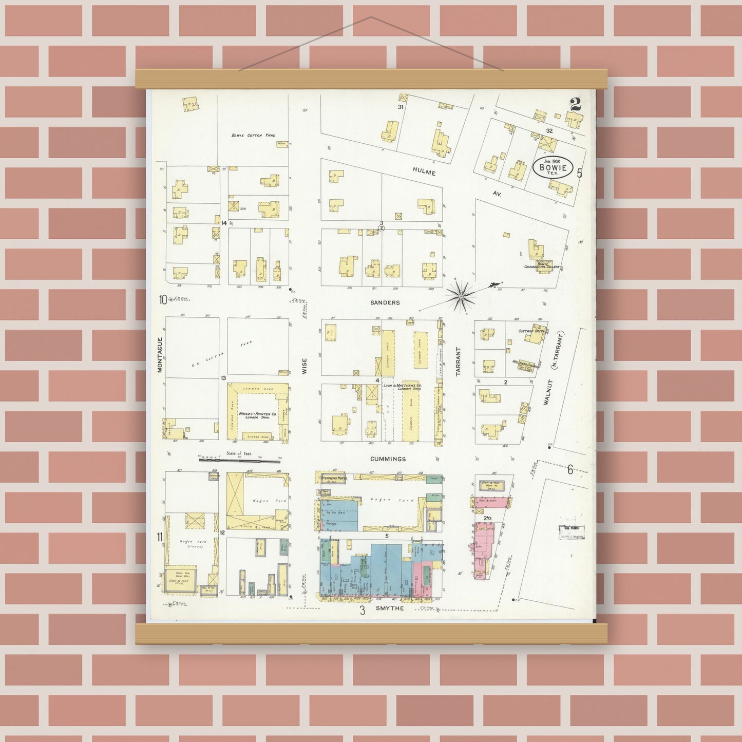 Old map wall art mockup — magnetic wood frame on brick wall — Sanborn Fire Insurance Map from Bowie, Montague County, Texas (1908), Sheet #0002