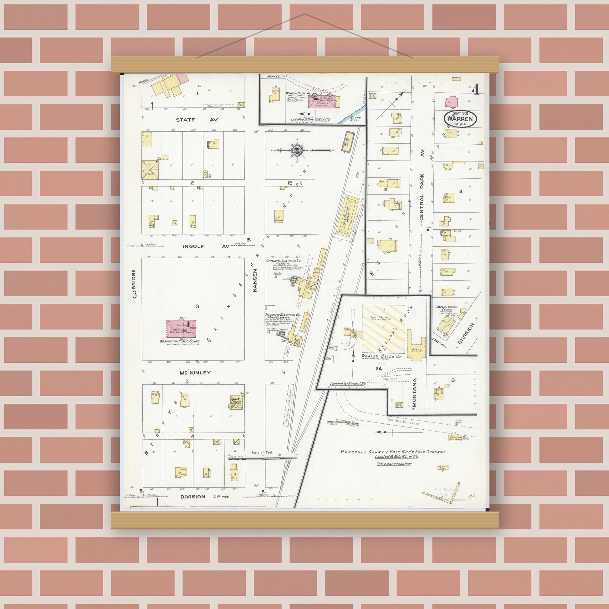 Old map wall art mockup — magnetic wood frame on brick wall — Sanborn Fire Insurance Map from Warren, Marshall County, Minnesota (1909), Sheet #0004