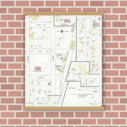 Old map wall art mockup — magnetic wood frame on brick wall — Sanborn Fire Insurance Map from Warren, Marshall County, Minnesota (1909), Sheet #0004