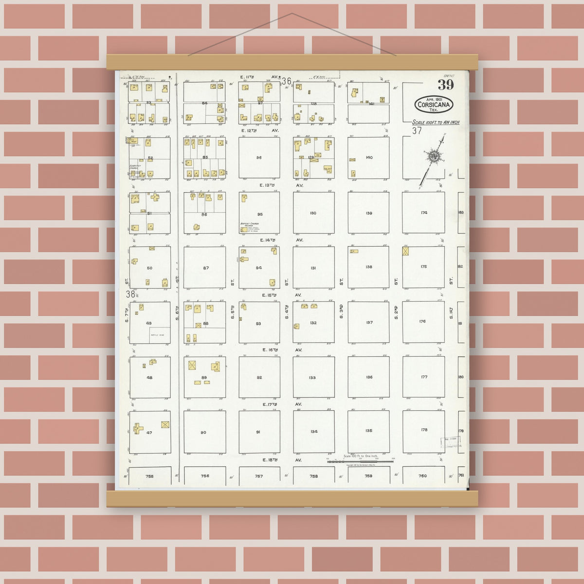 Old map wall art mockup — magnetic wood frame on brick wall — Sanborn Fire Insurance Map from Corsicana, Navarro County, Texas (1921), Sheet #0039