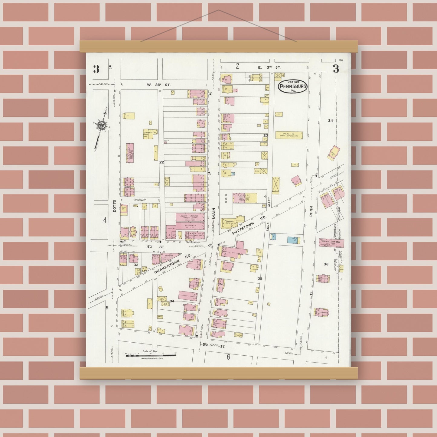 Old map wall art mockup — magnetic wood frame on brick wall — Sanborn Fire Insurance Map from Pennsburg, Montgomery County, Pennsylvania (1924), Sheet #0003