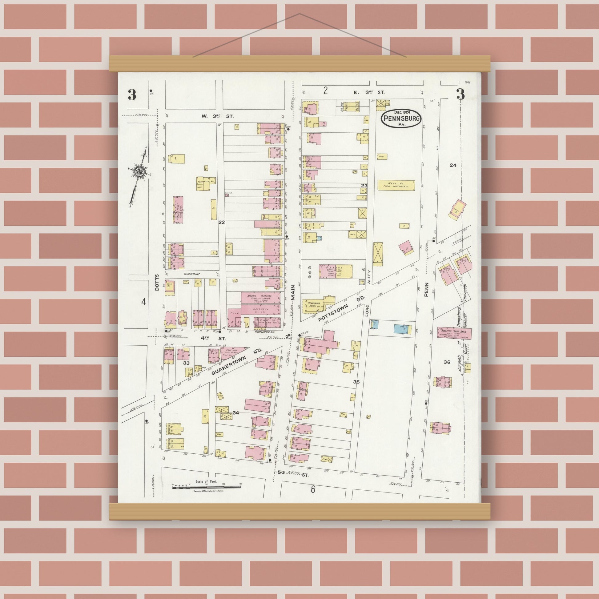 Old map wall art mockup — magnetic wood frame on brick wall — Sanborn Fire Insurance Map from Pennsburg, Montgomery County, Pennsylvania (1924), Sheet #0003