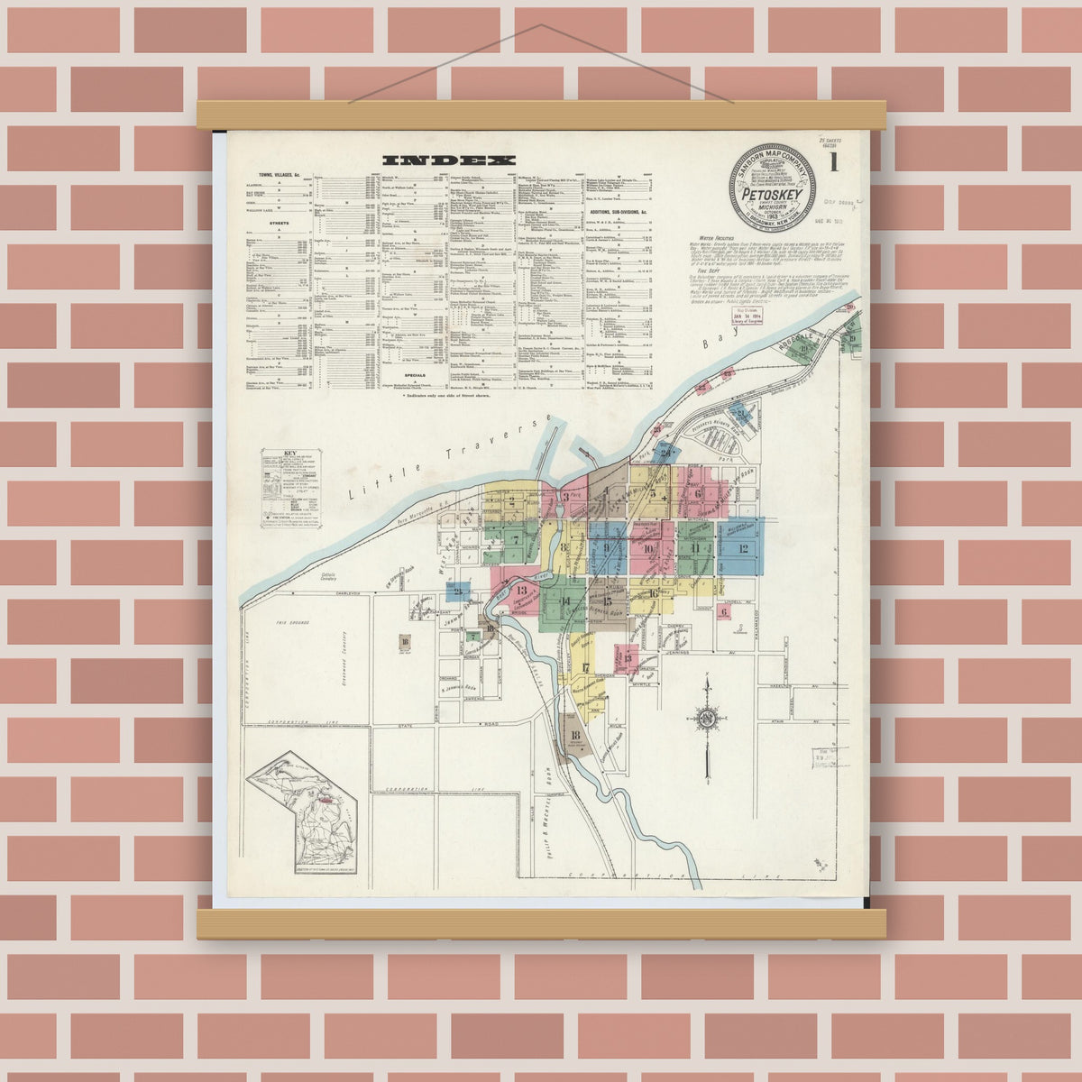 Old map wall art mockup — magnetic wood frame on brick wall — Sanborn Fire Insurance Map from Petoskey, Emmet County, Michigan (1913) - Complete Map Set