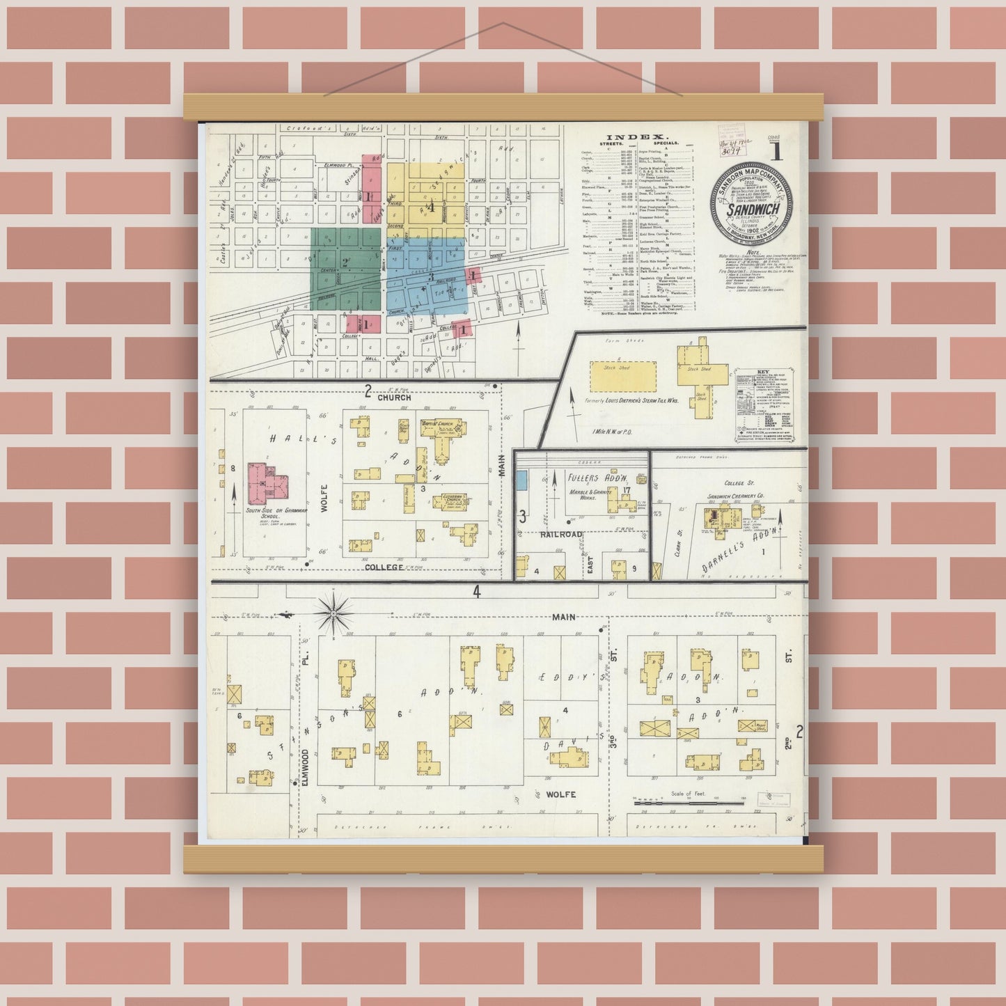 Old map wall art mockup — magnetic wood frame on brick wall — Sanborn Fire Insurance Map from Sandwich, De Kalb County, Illinois (1902) - Complete Map Set