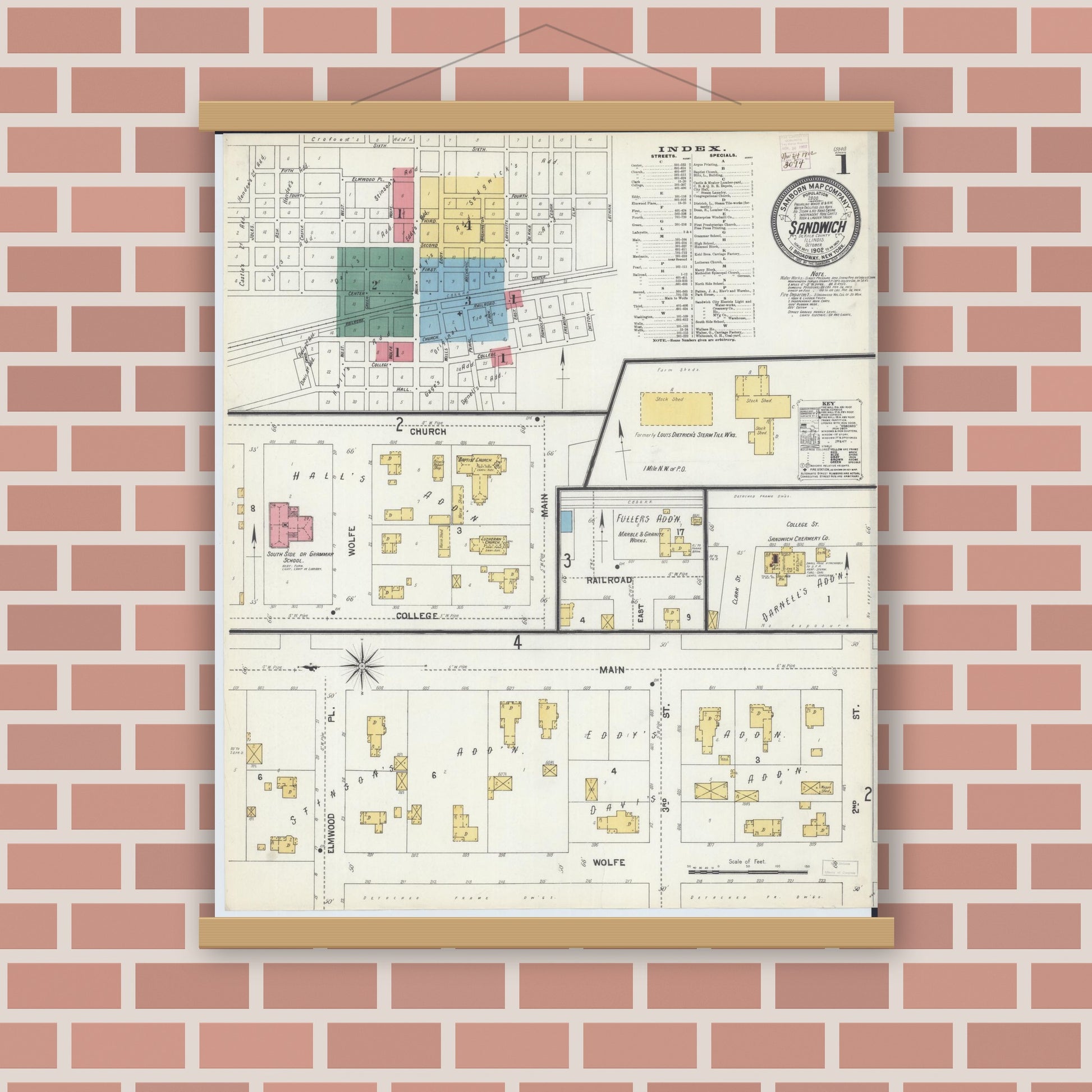 Old map wall art mockup — magnetic wood frame on brick wall — Sanborn Fire Insurance Map from Sandwich, De Kalb County, Illinois (1902) - Complete Map Set