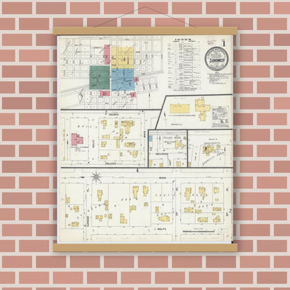 Old map wall art mockup — magnetic wood frame on brick wall — Sanborn Fire Insurance Map from Sandwich, De Kalb County, Illinois (1902) - Complete Map Set