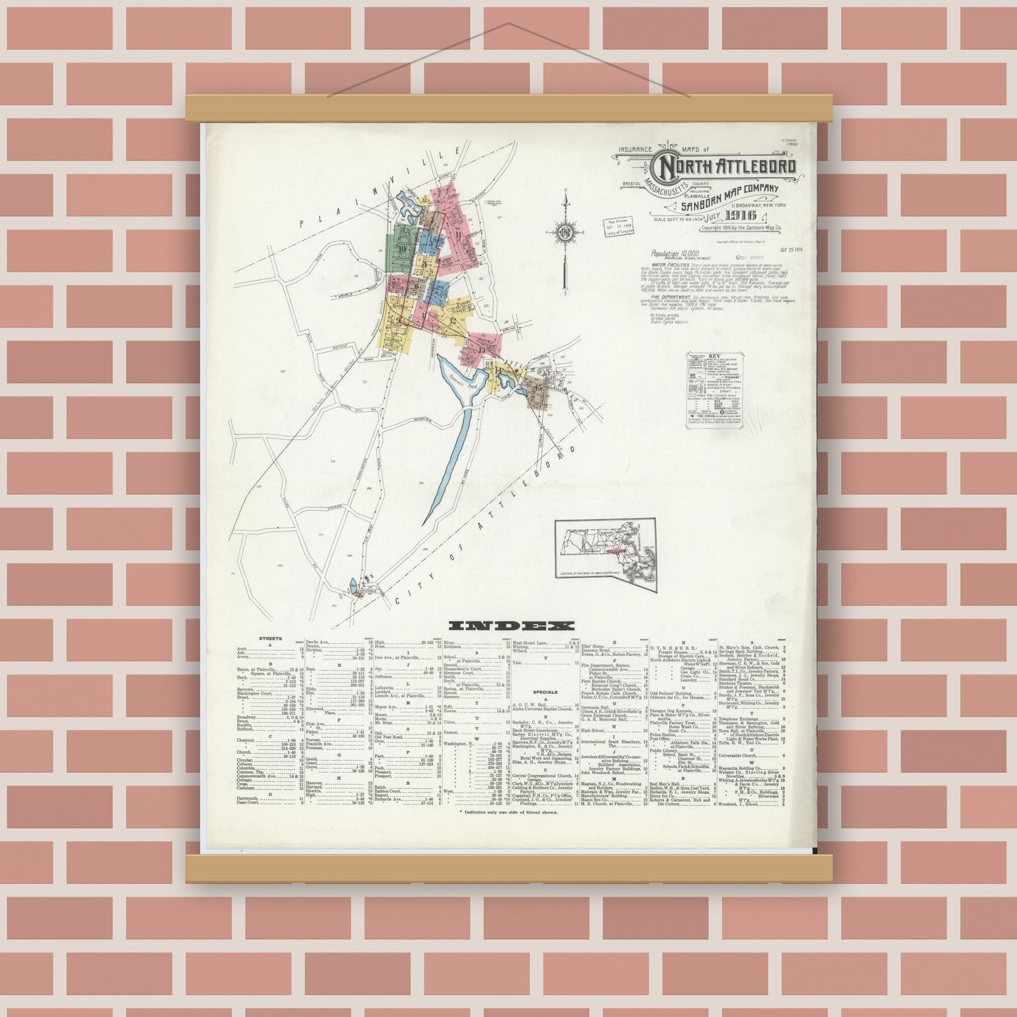 Old map wall art mockup — magnetic wood frame on brick wall — Sanborn Fire Insurance Map from North Attleborough, Bristol County, Massachusetts (1916), Sheet #0001