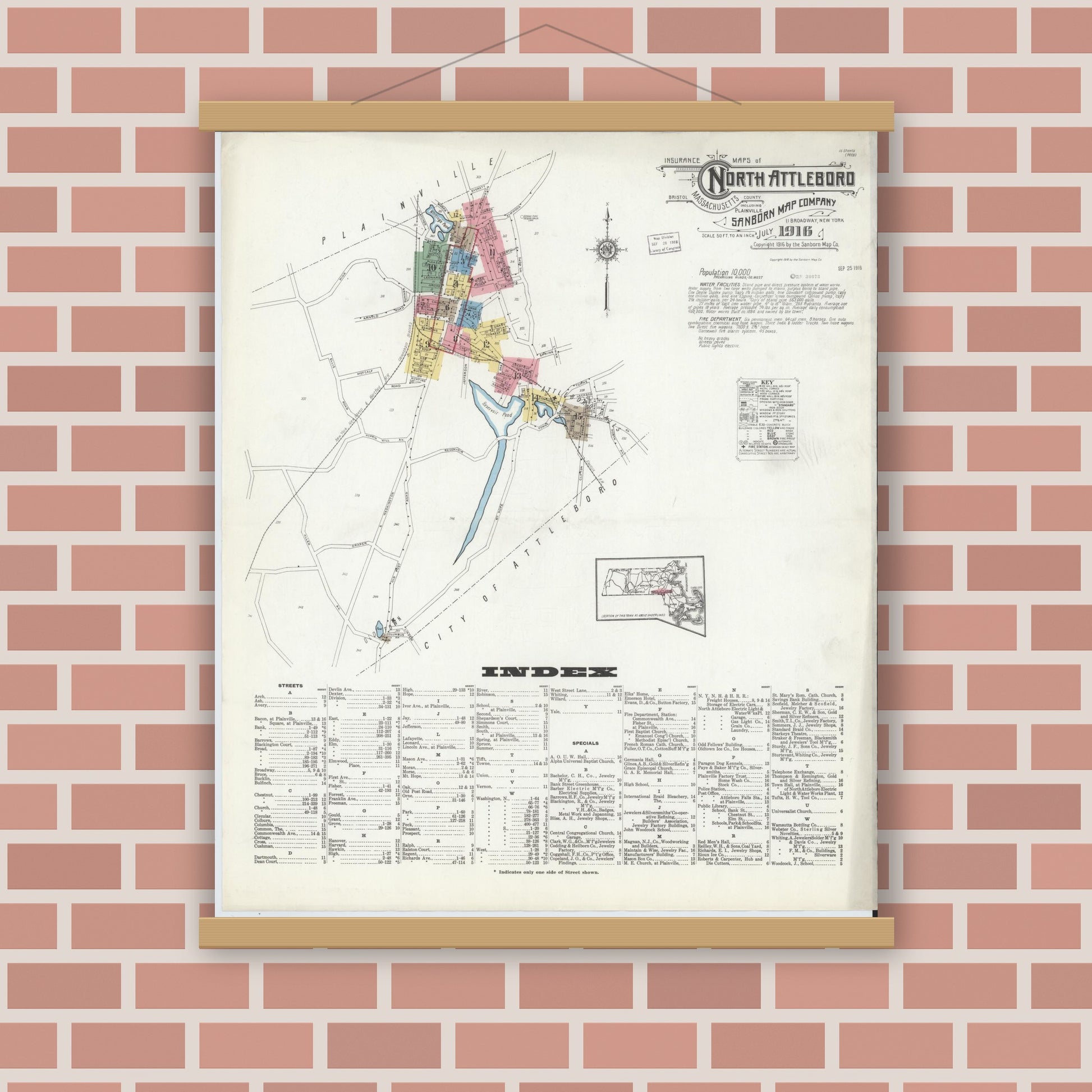 Old map wall art mockup — magnetic wood frame on brick wall — Sanborn Fire Insurance Map from North Attleborough, Bristol County, Massachusetts (1916), Sheet #0001