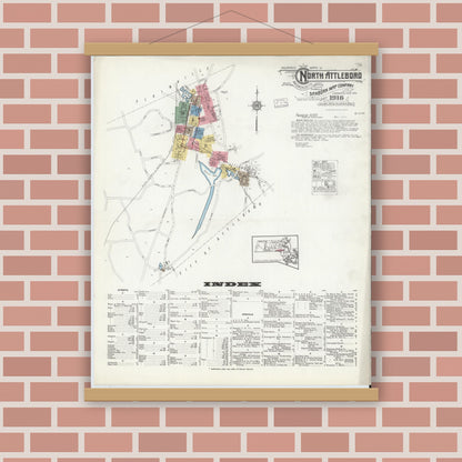 Old map wall art mockup — magnetic wood frame on brick wall — Sanborn Fire Insurance Map from North Attleborough, Bristol County, Massachusetts (1916), Sheet #0001