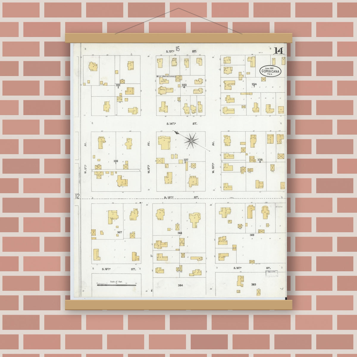 Old map wall art mockup — magnetic wood frame on brick wall — Sanborn Fire Insurance Map from Corsicana, Navarro County, Texas (1905), Sheet #0014