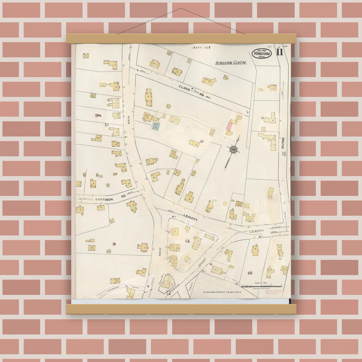 Old map wall art mockup — magnetic wood frame on brick wall — Sanborn Fire Insurance Map from Hingham, Plymouth County, Massachusetts (1948), Sheet #0011