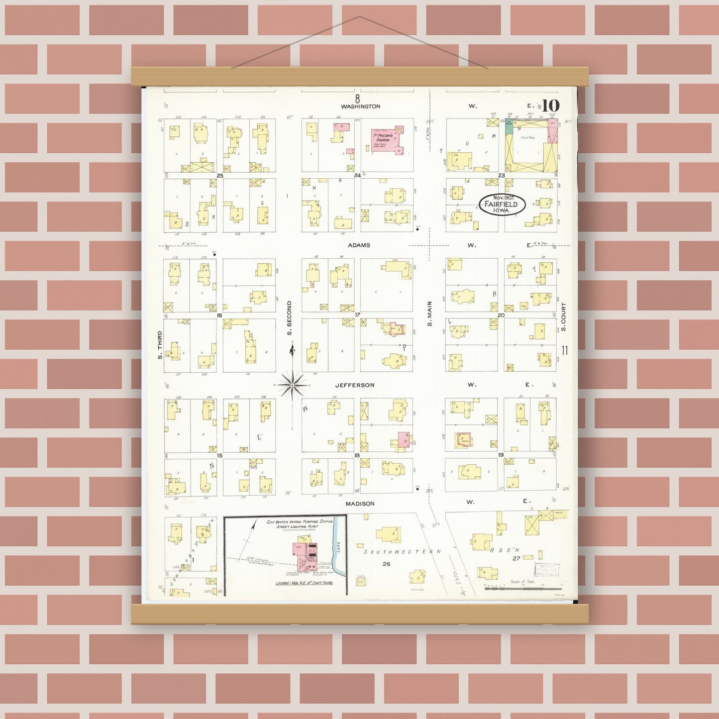Old map wall art mockup — magnetic wood frame on brick wall — Sanborn Fire Insurance Map from Fairfield, Jefferson County, Iowa (1907), Sheet #0010