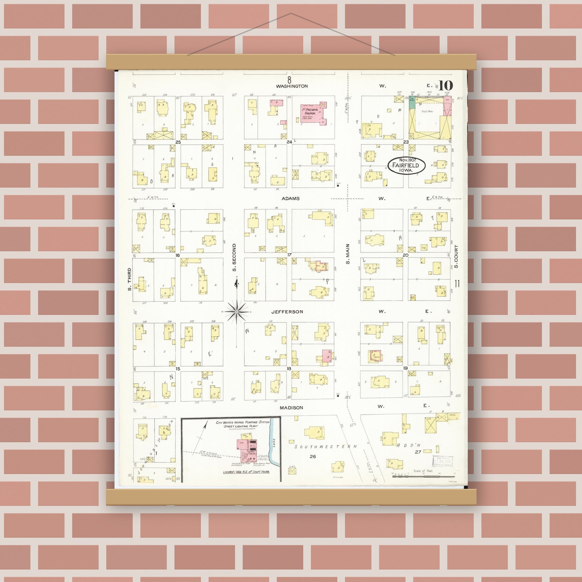 Old map wall art mockup — magnetic wood frame on brick wall — Sanborn Fire Insurance Map from Fairfield, Jefferson County, Iowa (1907), Sheet #0010
