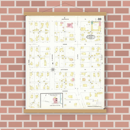 Old map wall art mockup — magnetic wood frame on brick wall — Sanborn Fire Insurance Map from Fairfield, Jefferson County, Iowa (1907), Sheet #0010