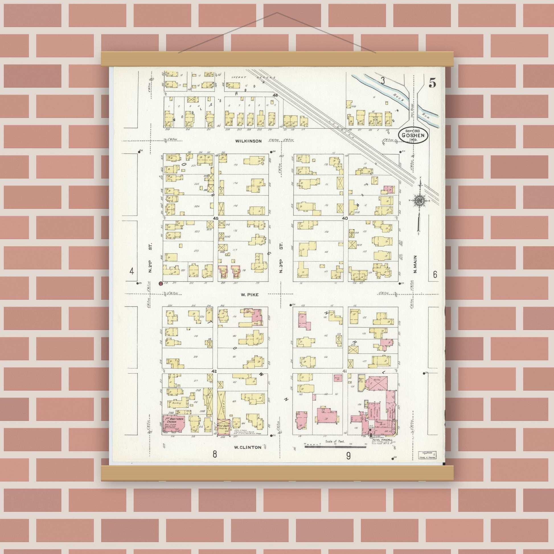 Old map wall art mockup — magnetic wood frame on brick wall — Sanborn Fire Insurance Map from Goshen, Elkhart County, Indiana (1910), Sheet #0005