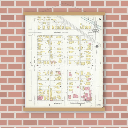 Old map wall art mockup — magnetic wood frame on brick wall — Sanborn Fire Insurance Map from Goshen, Elkhart County, Indiana (1910), Sheet #0005
